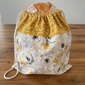 Yellow Bumblebee Bread Bag, Cotton Reusable Bread Storage Sack, Drawstring Tote